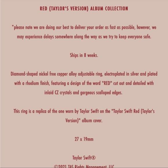 NEW Taylor Swift RED (Taylor’s Version) Album Ring - Picture 6 of 8